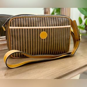 Fendi Vintage Penguin Stripe Crossbody bag, Square Brown Black Tan Trim Italy